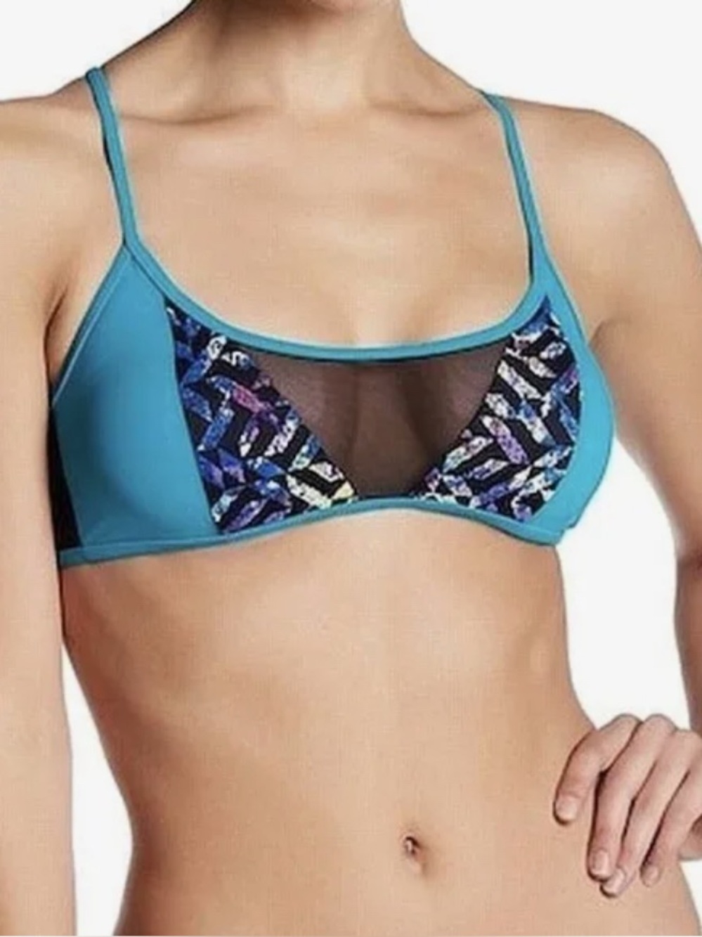 NWT Sole East Swim Sairee Bikini Top Teal Geometric Mesh Accents Size M